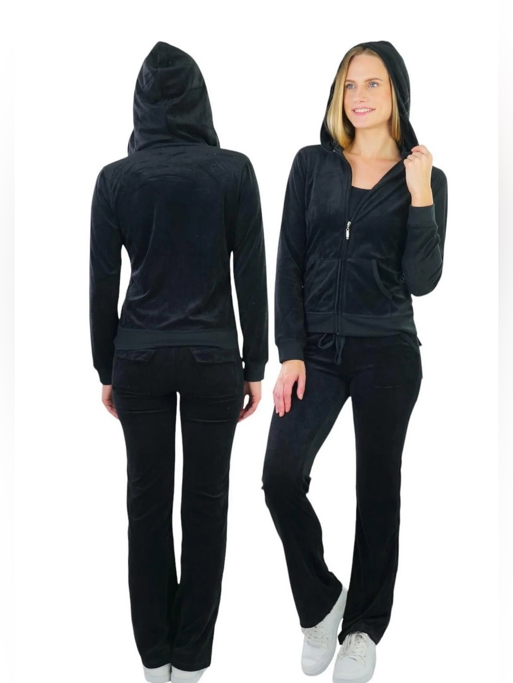 Black Velour Boot-Cut Track Suite with Matching Hoodie